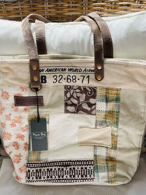 Myra Bag Patchwork Canvas Tote in Cream, Brown and Tan
